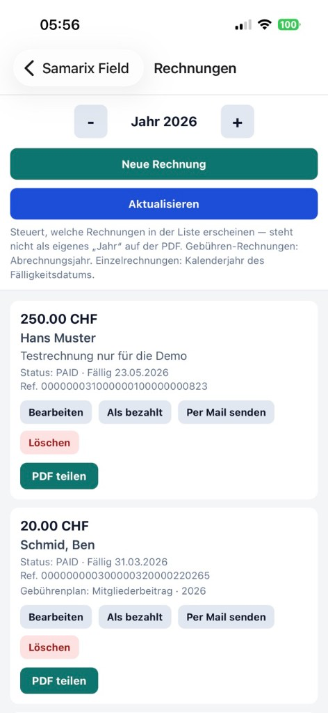 Samarix Field Rechnungen