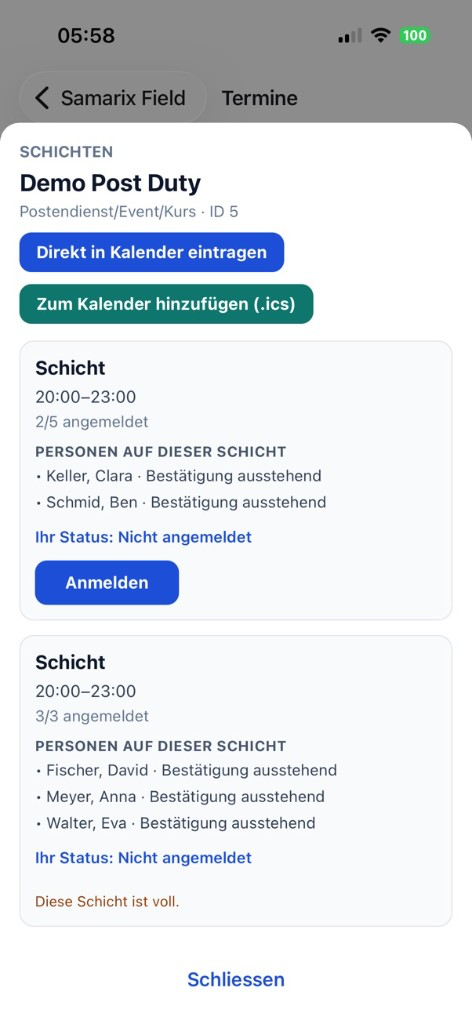 Samarix Field Schichtanmeldung am Postendienst